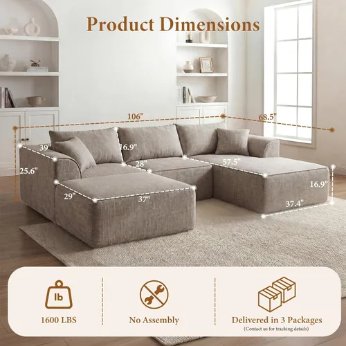 Vista 2 de Vesgantti 106" Boneless Couch with Chaise, U Shaped Deep Seat Comfy Cloud Modular Sofa Chenille Memory Foam Sectional Couches for Living Room