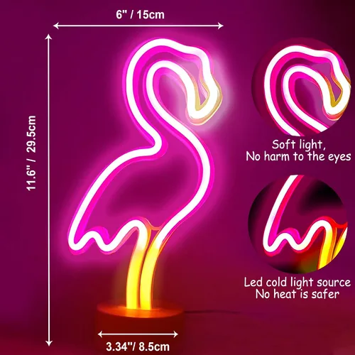 Vista 3 de YSMNDE Letrero de neón de flamenco, letrero de luz LED rosa para decoración de habitación de niñas, luces nocturnas de funcionamiento USB/batería