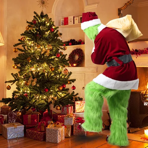 Vista 5 de PrettyFirst Green Monster Costumes Deluxe Santa Claus Costume Adult 9PCS Mens Santa Suit Green Santa Outfit With Mask