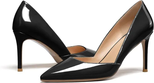Vista 5 de Soireelady D'Orsay - Zapatos de tacón alto puntiagudos para mujer, zapatos de novia de boda, zapatos de fiesta de noche, Charol negro