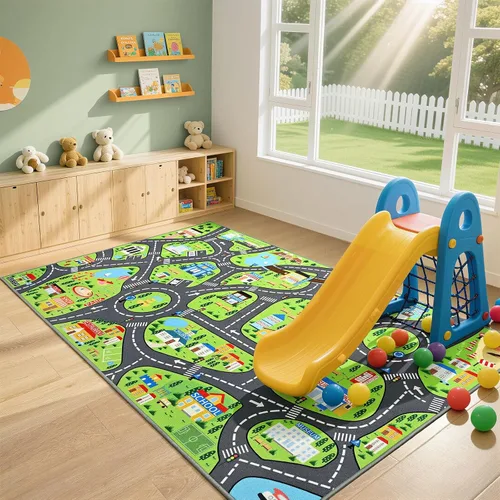 Vista 4 de Alfombras de juego de autos para niños, 36 x 60 pulgadas, tapete de juego de mapa de ruta urbano para jugar con autos, camiones, tapete de juego