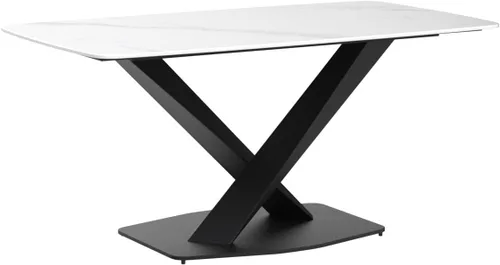 Vista 4 de Mesa de comedor moderna, mesa de comedor de piedra sinterizada blanca con base de acero al carbono sólido en forma de X, mesa de comedor rectangular