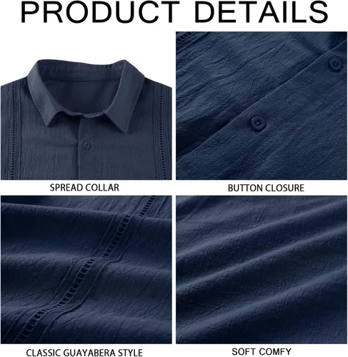 Vista 5 de Camisa de lino guayabera para hombre, manga larga, casual, con botones, playa, verano, hippie, cubana, lisa, blusa