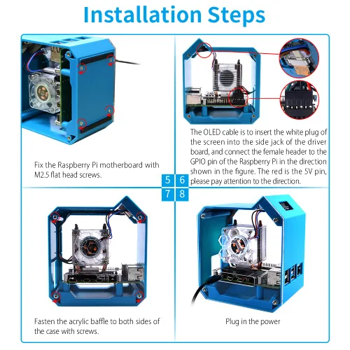 Vista 5 de GeeekPi Kit de mini torre con fuente de alimentación QC3.0 para Raspberry Pi 4, Pi 4 con enfriador de torre ICE, módulo OLED de 0.96 pulgadas