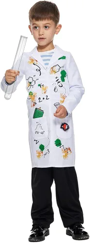 Vista 4 de EraSpooky Disfraz de científico loco para niños, abrigo de laboratorio con peluca