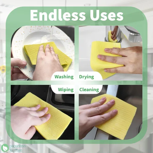 Vista 4 de Paños de cocina suecos reutilizables (paquete de 4) – Paños de limpieza de cocina ultra absorbentes y ecológicos – Toalla de papel alternativa