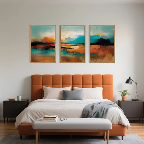 Vista 5 de Lienzo decorativo abstracto grande con marco naranja quemado, decoración de pared azul neutro y negro, arte moderno con pinceladas, impresión
