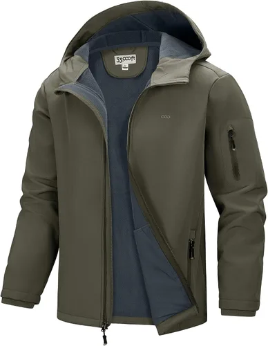 Vista 17 de 33,000ft Chaqueta de softshell con capucha para hombre, impermeable, ligera, aislada, cortavientos, forro de forro polar, chaqueta de lluvia Verde