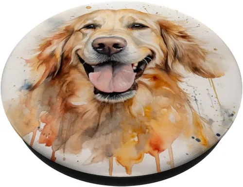 Vista 2 de Golden Retriever Sonriente Acuarela Amante de Perros Arte Beige PopSockets intercambiables PopGrip