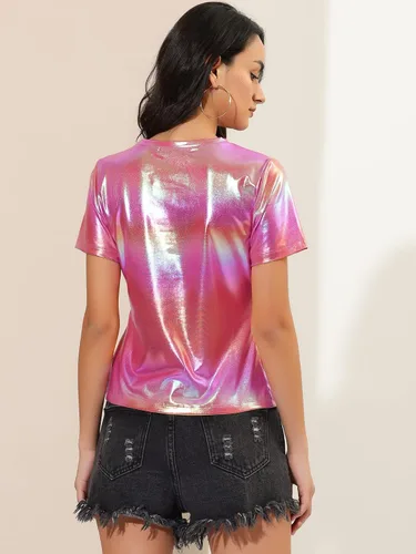 Vista 5 de Allegra K Top multicolor brillante de manga corta con textura metálica para mujer