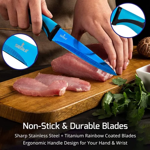 Vista 3 de SiliSlick Juego de cuchillos para carne de acero inoxidable, cuchillos de cocina coloridos con revestimiento de titanio con borde recto, suave