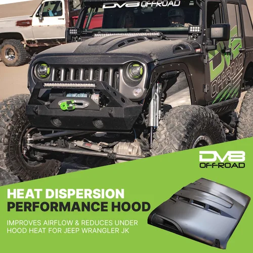 Vista 2 de Campana de dispersión de calor DV8 para Jeep Wrangler JK 2007-2018 de acero estampado Capucha central ventilada para un máximo flujo de aire