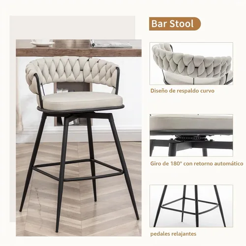 Vista 4 de Canxkun Juego de 2 taburetes de bar de altura de mostrador, sillas de bar modernas de 26 pulgadas con respaldo tejido, taburetes de bar giratorios