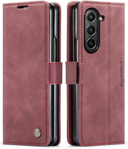 Vista 10 de Kowauri Funda para Samsung Galaxy Z Fold 5, diseño clásico de cuero con cierre magnético, con ranura para tarjetero, a prueba de golpes, funda Negro