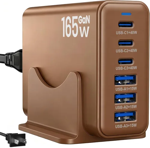 Vista 9 de Estación de carga de 165 W, cargador de escritorio de 6 puertos, 3 puertos 40 W, color negro Multi-Device Charger, 3 PD USB C 40W and 3 15W USB A