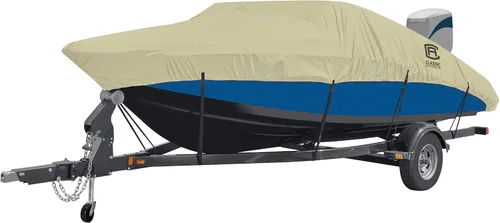 Vista 6 de Classic Accessories DryGuard - Cubierta impermeable beige para barco, 20' - 22' de largo x 106" de ancho, cubierta de barco remolque, modelo E, tela