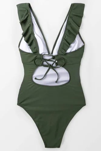 Vista 4 de Cupshe - Traje de baño de una pieza con escote en V para mujer con volantes y cordones