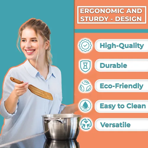 Vista 2 de Juego de 5 espátulas de madera + 1 pinza tostadora para revolver y servir como un genio – Herramientas de cocina de madera. Práctico para chef