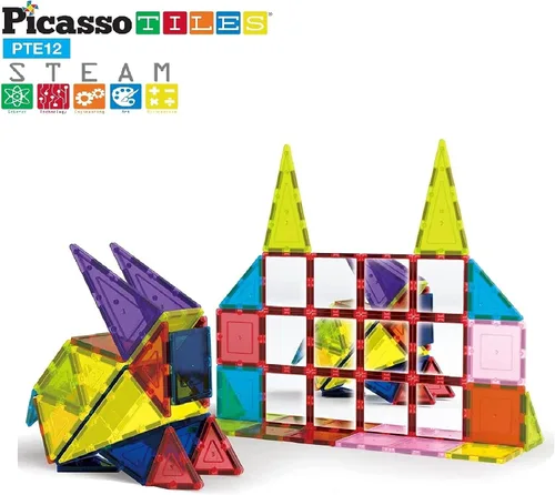 Vista 2 de PicassoTiles Bloques Magnéticos de Azulejos Espejo para Construcción, Regalos Sensoriales de Construcción Juego de Expansión Cuadrado de Imanes