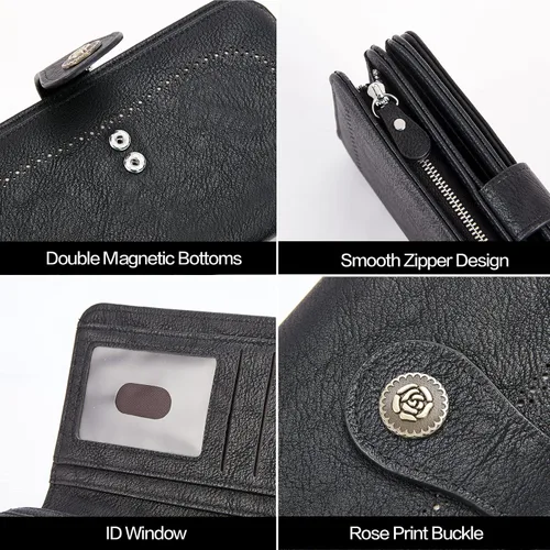 Vista 6 de Telena Billeteras de cuero para mujer con diseño de cartera de triple, para tarjetas de crédito, 4-negro-1, Vintage