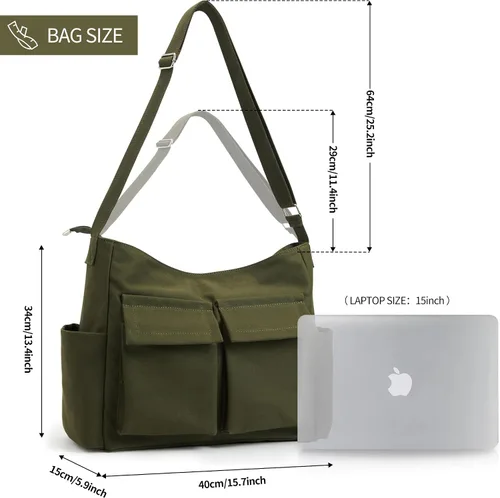 Vista 4 de KALIDI - Bolsa de lona con bolsillos, bolso bandolera grande para mujeres, hombres, universidad, trabajo, viajes, casual