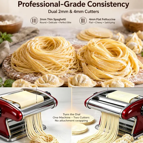Vista 3 de XINGYUEXUAN - Máquina manual para hacer pasta, de acero inoxidable con manivela con cortadores de 0.079 pulgadas y 0.157 pulgadas, rodillo de masa