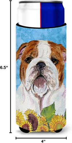Vista 6 de Caroline's Treasures SS4117MUK Bulldog Inglés en verano Flores Ultra Hugger para latas delgadas puede enfriar la manga de la bebida lavable a