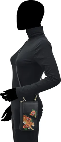 Vista 4 de Anuschka Funda para teléfono cruzado de cuero genuino pintada a mano para mujer - Enigmatic Leopard, Leopardo enigmático