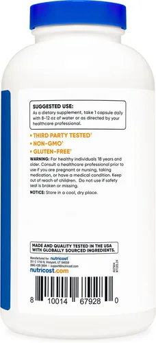 Vista 4 de Nutricost L-Arginina 500mg, 300 Cápsulas - Sin Gluten y Sin OGM