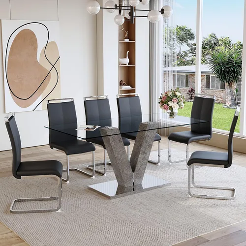Vista 7 de Gopop Juego de mesa de comedor de cristal para 6, mesa de comedor gris con 6 sillas de comedor de piel sintética, mesa de cocina de 71 pulgadas