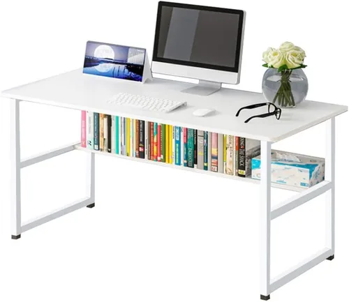 Vista 8 de Escritorio para computadora de oficina en casa con estantería, escritorio de madera de 43 pulgadas con estantes de almacenamiento, mesa moderna