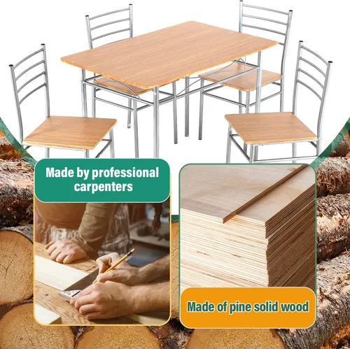 Vista 7 de Juego de mesa de comedor PayLessHere, mesa de madera y 4 sillas modernas con patas de metal, muebles rectangulares para el hogar