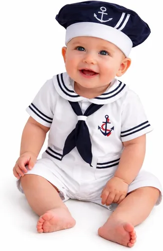 Vista 5 de stylesilove Mameluco de algodón marinero marino para bebé niño con sombrero y corbata 3 piezas traje de vacaciones Azul marino: manga larga.