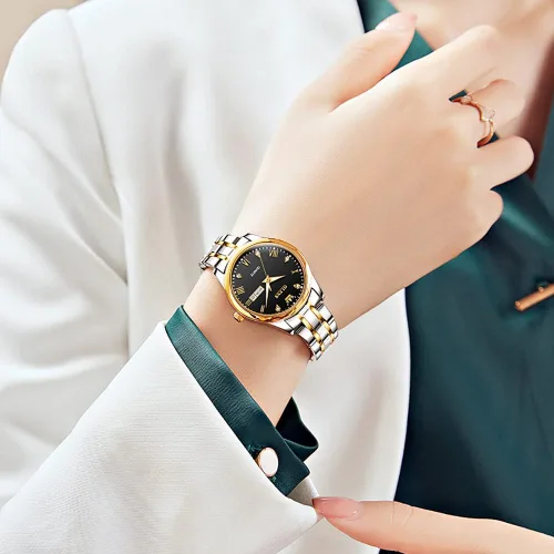 Vista 4 de OLEVS Reloj de mujer con diamantes de oro, clásico, elegante, de acero inoxidable, impermeable, fecha de día