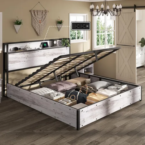 Vista 12 de AMERLIFE Marco de Cama de Almacenamiento Elevable Tamaño Completo, Marco de Cama de Plataforma de Madera con Almacenamiento Elevable y Estación