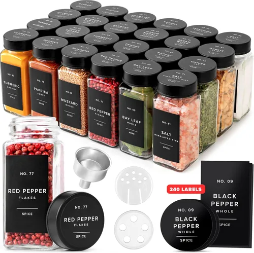 Vista 11 de EDELHAUS Tarros de especias de vidrio con etiqueta y tapas negras (36 x 4 onzas), recipientes para especias con 240 etiquetas, insertos