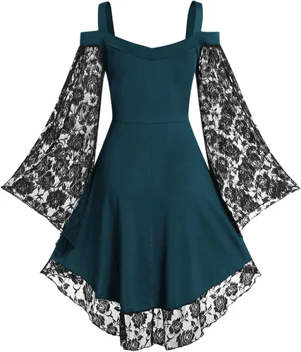 Vista 4 de Vestido medieval para mujer, vestido renacentista con encaje y mangas acampanadas, con tirantes delgados, hombros descubiertos