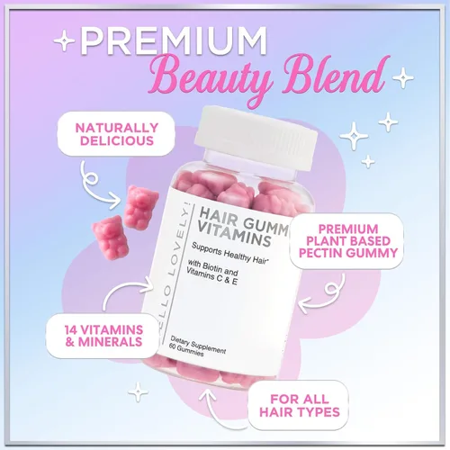 Vista 5 de Hello Lovely - Gomitas de vitaminas para el cabello con biotina, 5000 mcg de vitaminas E y C que apoyan el crecimiento del cabello, vegetariano