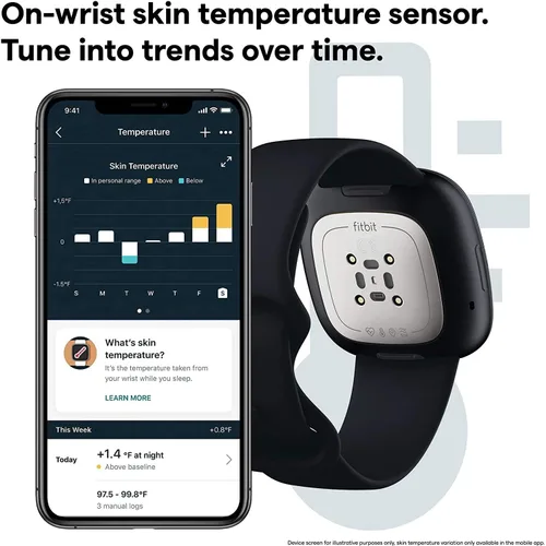 Vista 5 de Fitbit Sense Health & Fitness - Reloj inteligente con GPS, llamadas y mensajes de texto Bluetooth, frecuencia cardíaca SpO2, ECG, temperatura