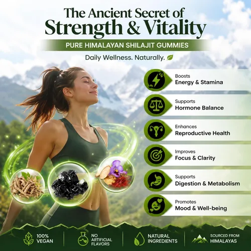 Vista 5 de Gomitas de oro Shilajit del Himalaya de 3000 mg Mezcla de hierbas con ginseng, KSM-66 Ashwagandha, Black Musli y Gokshura Suplemento vegano - 60