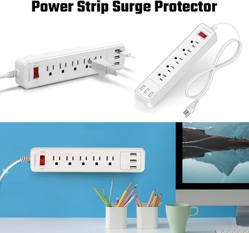 Vista 8 de SUPERDANNY Protector de sobretensión, 5 tomacorrientes, 3 puertos USB, cable de extensión de 4.5 pies, 900 julios, montable, interruptor de Blanco