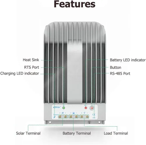 Vista 2 de EPEVER Controlador de carga solar MPPT 20A 12/24VDC Identificación automática del voltaje del sistema con medidor remoto MT50 y sensor