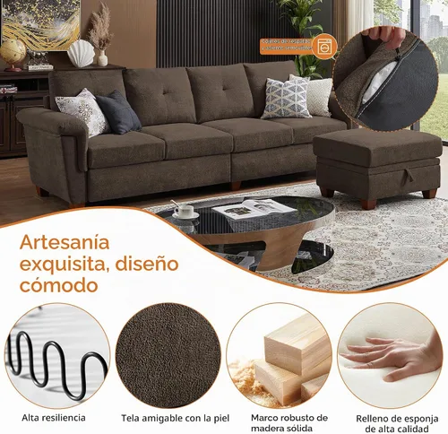 Vista 3 de Sofás seccionales de 4 asientos para sala de estar, dormitorio, oficina con almacenamiento, sofá modular convertible en forma de L con otomana y Café