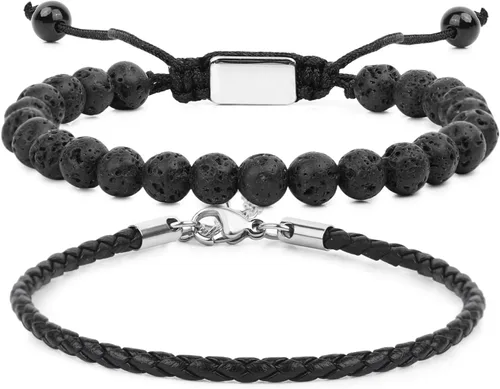 Vista 27 de Pulseras de cuentas negras para hombres y niños: 0.236 in de obsidiana ónix cuentas de lava para hombre conjunto de pulseras para hombre - Genial