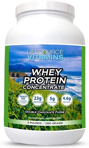 Vista 2 de LifeSource Vitamins Concentrado de proteína de suero alimentado con pasto de 3 libras, chocolate con stevia, polvo de 3 libras Grass-Fed Whey •