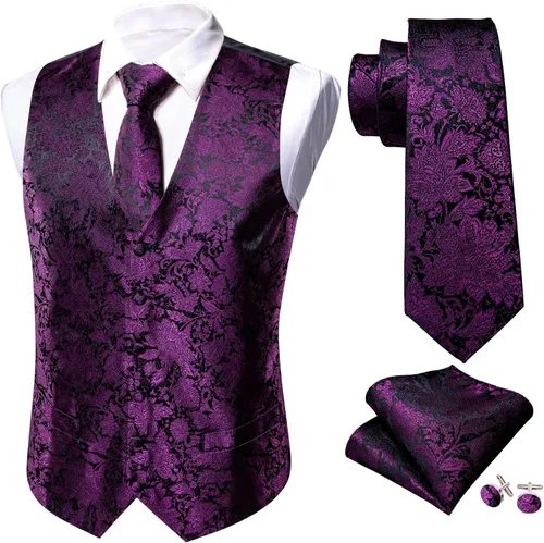 Vista 4 de Barry.Wang Chaleco de traje con cuello en V de cachemira para hombre, chaleco de jacquard de seda formalocio, conjunto de 5 piezas