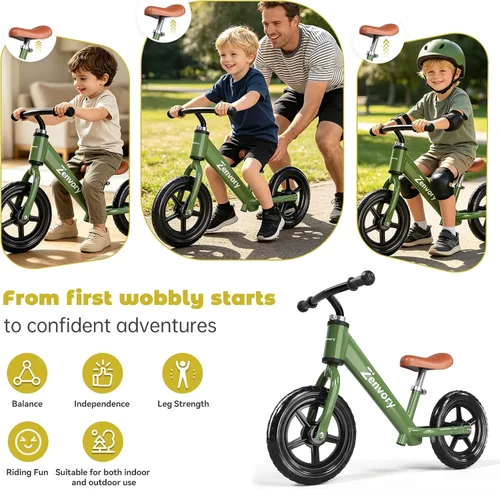 Vista 4 de Toddler Balance Bike Age 2-5, 12 Inches, Tool-Free Adjustable Verde oliva
