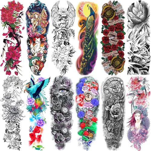 Vista 12 de Aresvns Tatuajes temporales de brazo completo para hombres y mujeres (19 x 7 pulgadas), tatuajes de manga impermeable y de larga duración
