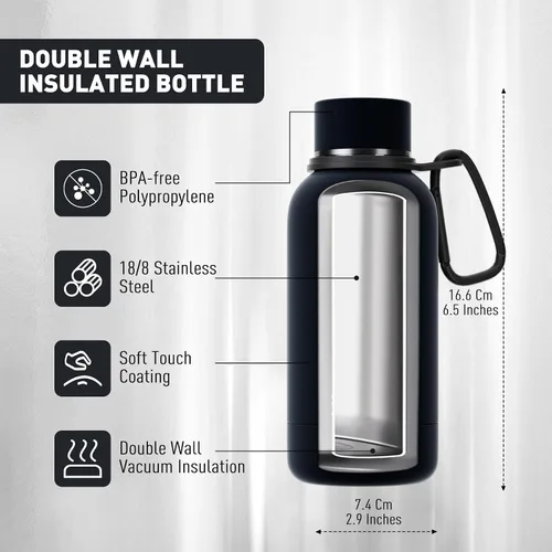 Vista 2 de Exllena Botella de agua pequeña de 12 onzas con clip, doble pared de acero inoxidable al vacío, pequeña botella de agua aislada que mantiene