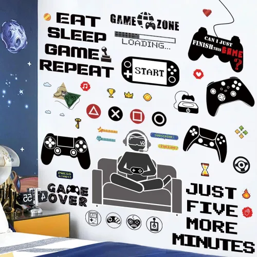 Vista 5 de 48 piezas creativas de decoración de sala de videojuegos, excelente en accesorios y carteles para dormitorio de niños, calcomanías de pared